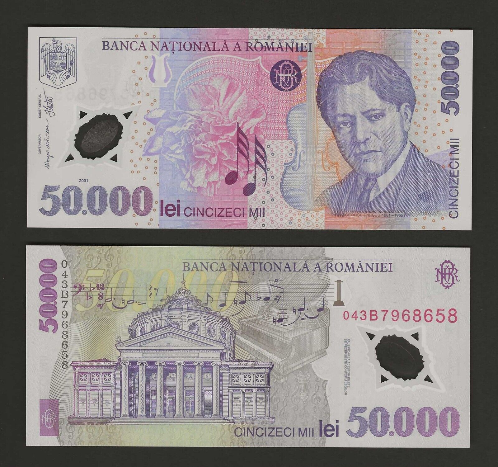 ROMANIA 50,000 Lei 2001 (2004), P-113a, Polymer Note, Fresh UNC Grade, 50000 Lei