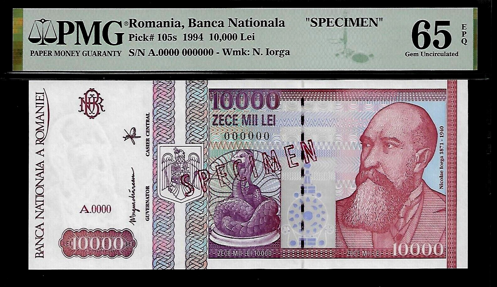 Romania Specimen 10,000 Lei 1994 PMG 65 EPQ UNC P#105s Series A