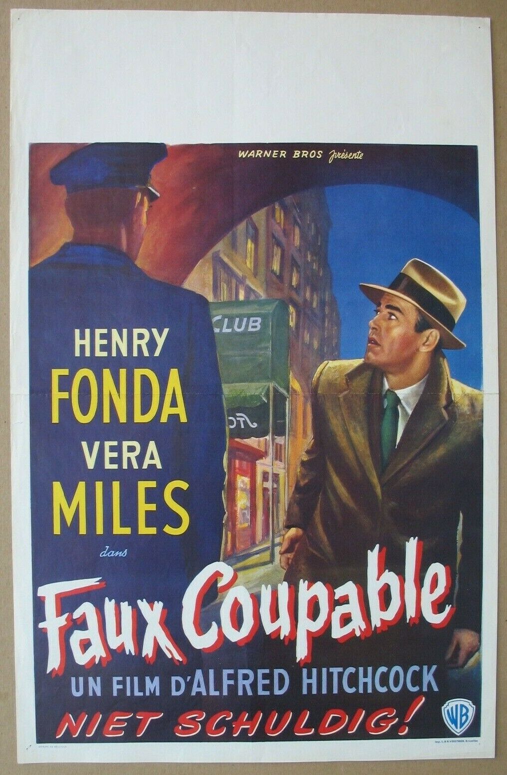 The Wrong Man (1956) Original Belgian Poster, Hitchcock, Henry Fonda, Vera Miles